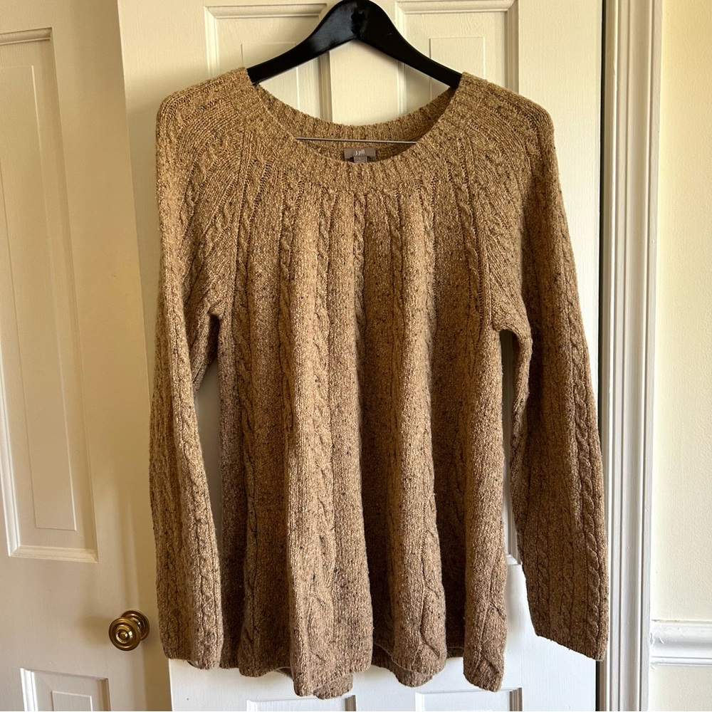 J Jill Cable Knit Sweater Tweed Pullover Tan Crew Neck Size Large Wool Blend